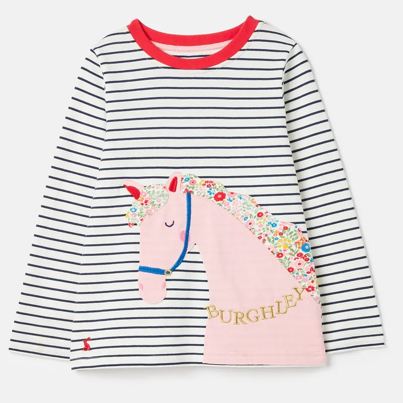 Joules Burghley Girls Long Sleeve T-Shirt - Navy Horse Stripe
